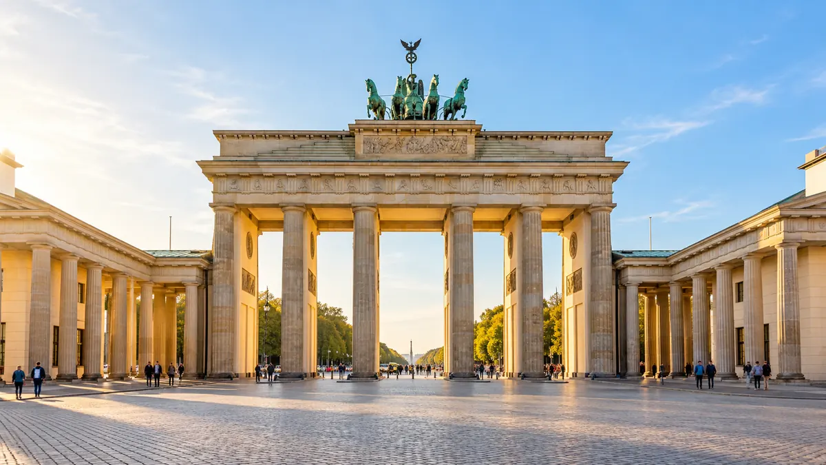 Berlin's Brandenburg Gate rises above Pariser Platz in warm morning light, with a few visitors crossing the square.