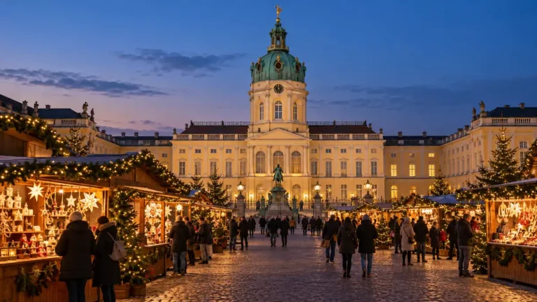 Warmly lit Christmas stalls in front of Charlottenburg Palace at dusk