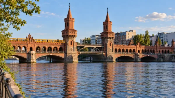 Red brick towers of Oberbaum Bridge spanning the Spree in Berlin
