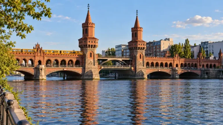 Red brick towers of Oberbaum Bridge spanning the Spree in Berlin
