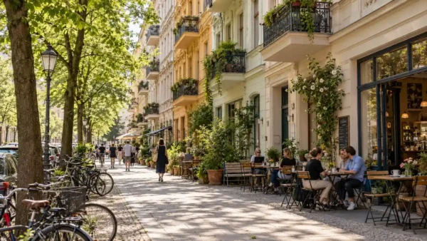 Where to Stay in Berlin: Which District and Which Corner to Book 12 Pastel apartment facades, bicycles and outdoor cafe tables line a leafy residential street in Berlin's Prenzlauer Berg.