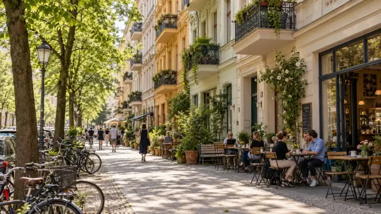 Pastel apartment facades, bicycles and outdoor cafe tables line a leafy residential street in Berlin's Prenzlauer Berg.