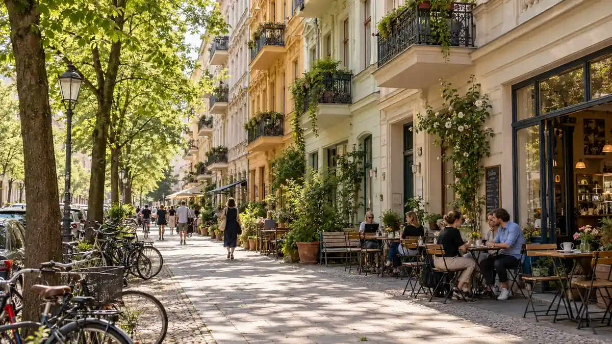 Where to Stay in Berlin: Which District and Which Corner to Book 2 Pastel apartment facades, bicycles and outdoor cafe tables line a leafy residential street in Berlin's Prenzlauer Berg.