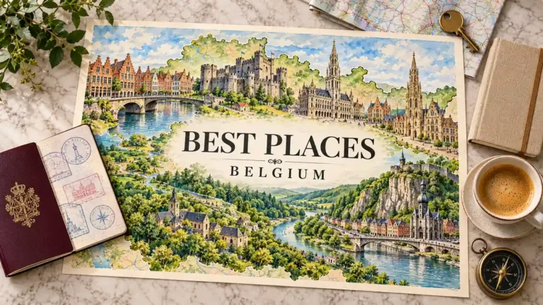 Belgium watercolor map combining medieval city landmarks, canals, Dinant's riverside cliff and Ardennes forest, framed by travel objects.