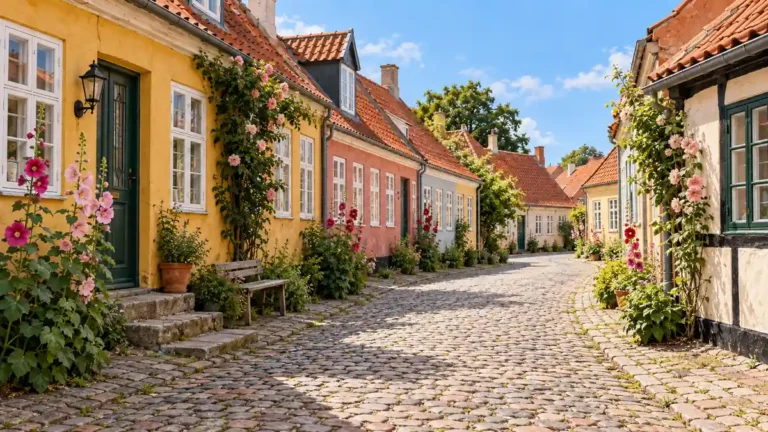 Cobbled lane lined with low pastel Danish cottages, red tiled roofs and summer flowers