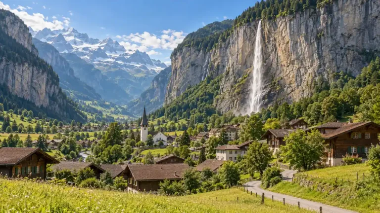 Lauterbrunnen village and Staubbach waterfall beneath steep cliffs in the Swiss Alps