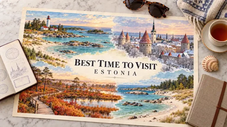 Watercolor Estonia map contrasting a summer coast, autumn bog boardwalk and snowy Tallinn towers, framed by seasonal travel objects and a passport.