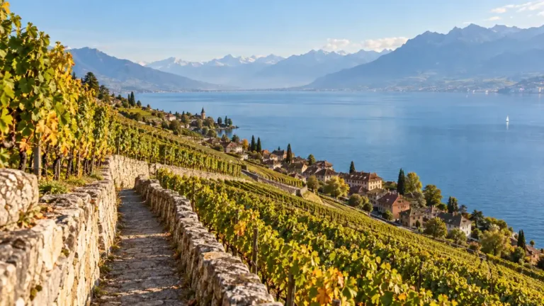 Terraced vineyards and a lakeside village above Lake Geneva in Lavaux, Switzerland