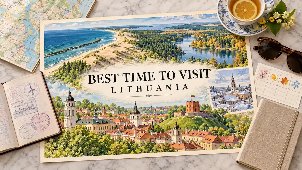 Best Time to Visit Lithuania: Late May to Mid-September 2 Watercolor Lithuania seasonal illustration with Vilnius rooftops, Baltic dunes, a forest lake and snowy roofs, framed by a passport and planning objects.