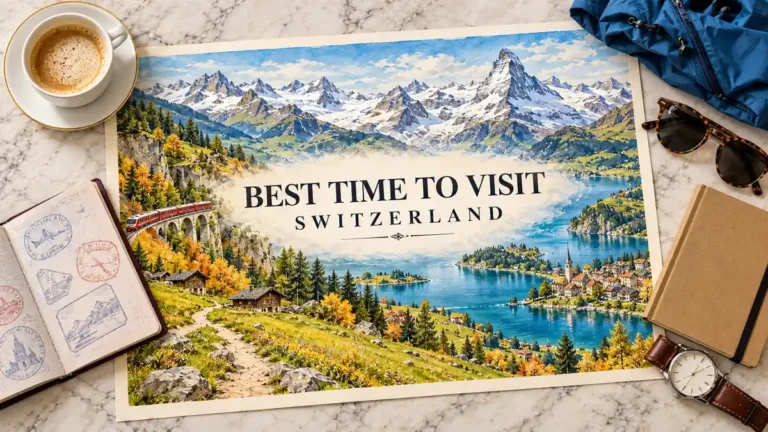 Swiss watercolor landscape with green valleys, golden trees, snowy peaks and a lake, framed by a passport and seasonal travel essentials.