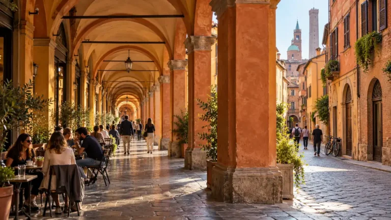 Ochre arches and stone paving along a covered portico in Bologna's historic centre.