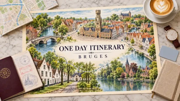 One Day in Bruges: The Order That Beats the Day-Tripper Crowd 10 Watercolor Bruges map linking the Belfry, canal bridge, Beguinage and Minnewater, framed by a passport and travel planning objects.