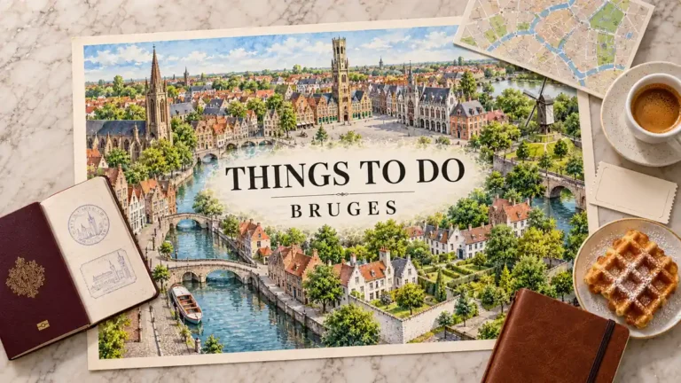 Illustrated Bruges map with canals, stepped-gable houses, a belfry and windmill, framed by a passport, sightseeing cards, notebook, waffle and espresso.