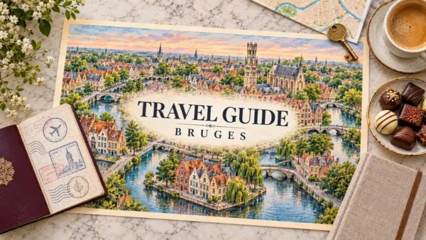Illustrated Bruges canal map with gabled houses and the Belfry, framed by a passport, room key, chocolates and travel planning objects.