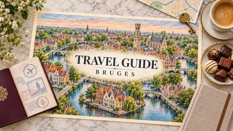 Illustrated Bruges canal map with gabled houses and the Belfry, framed by a passport, room key, chocolates and travel planning objects.