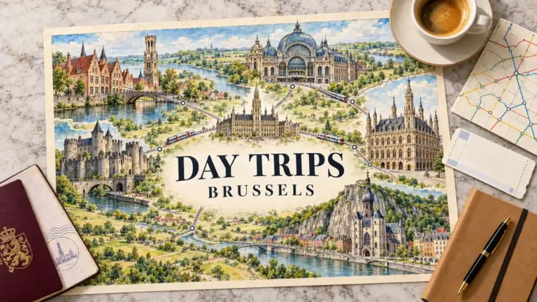 Illustrated Belgian day-trip map with canal towns, a castle, station and Dinant river cliffs, framed by a passport, ticket, route card, notebook, pen and coffee.
