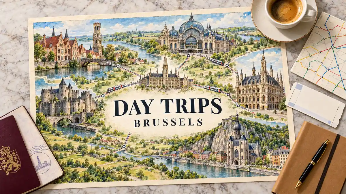 Best Day Trips from Brussels by Train: Ranked by Ride Time 2 Illustrated Belgian day-trip map with canal towns, a castle, station and Dinant river cliffs, framed by a passport, ticket, route card, notebook, pen and coffee.