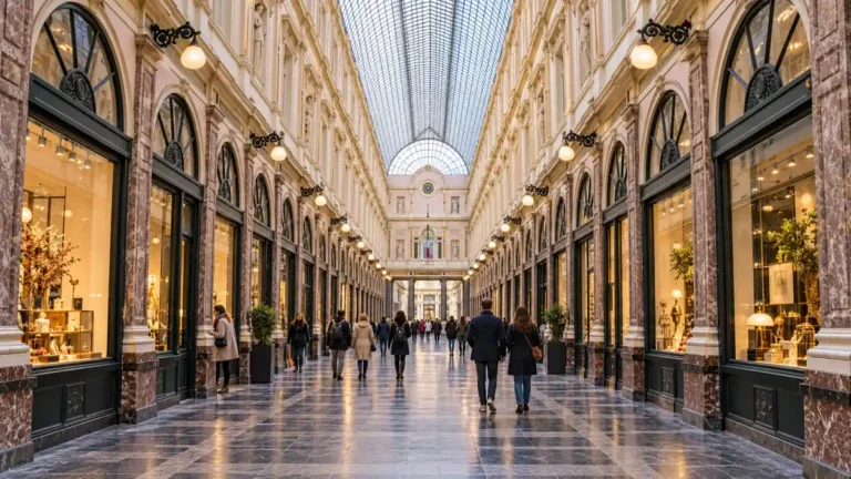 Travel to Brussels: How to Plan Your First Visit 8 Tall glazed roof and cream classical shopfronts along the Galeries Royales Saint-Hubert in Brussels.