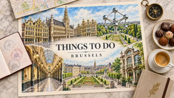 Things to Do in Brussels: What's Worth Your Time, and for Whom 10 Brussels watercolor map showing Grand-Place, a glass arcade, gardens, Art Nouveau architecture and the Atomium, framed by travel objects.