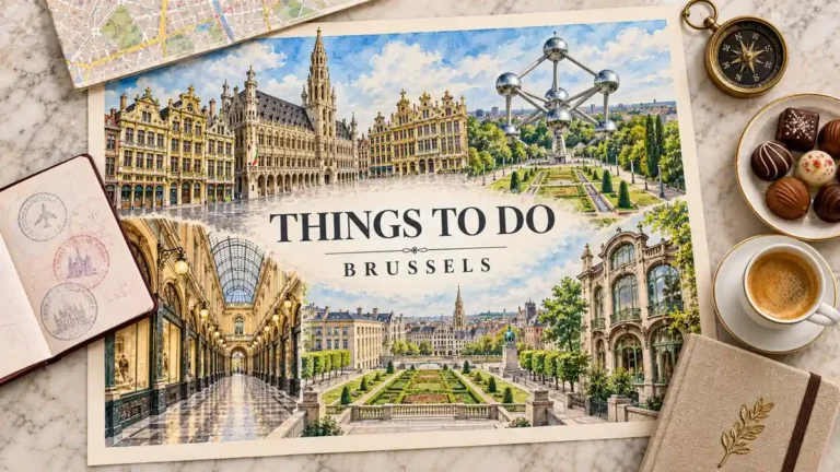 Brussels watercolor map showing Grand-Place, a glass arcade, gardens, Art Nouveau architecture and the Atomium, framed by travel objects.