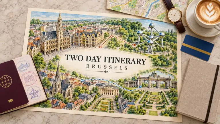 Brussels watercolor route map with city hall, garden terraces, Atomium and Cinquantenaire arch, surrounded by a passport and travel objects.
