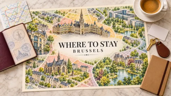 Illustrated Brussels neighborhood map with Grand-Place architecture and leafy districts, beside a passport, hotel key card, key, notebook, transit card and coffee.