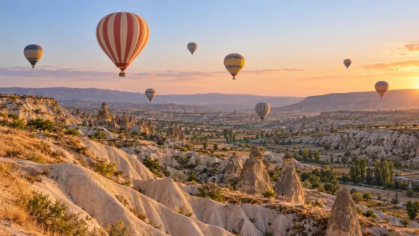 Cappadocia Hot Air Balloon: Worth It, and Which Flight to Book 5 Colorful hot air balloons floating over pale volcanic valleys in Cappadocia at sunrise