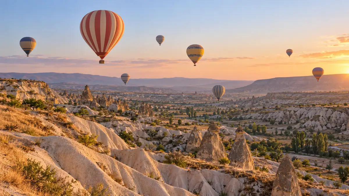 Cappadocia Hot Air Balloon: Worth It, and Which Flight to Book 2 Colorful hot air balloons floating over pale volcanic valleys in Cappadocia at sunrise