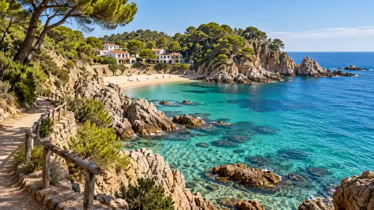 Travel to Catalonia, Spain: Beyond Barcelona 4 A coastal path overlooks turquoise water, rocky headlands, pine trees and a small sandy cove on the Costa Brava.