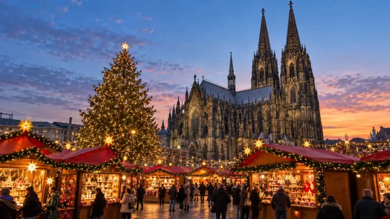 Red-roofed Christmas stalls and a lit tree stand beneath Cologne Cathedral's Gothic spires as visitors cross the square.