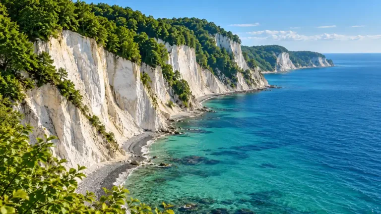 White chalk cliffs topped by green woodland above a narrow pebble shore and blue-green Baltic water