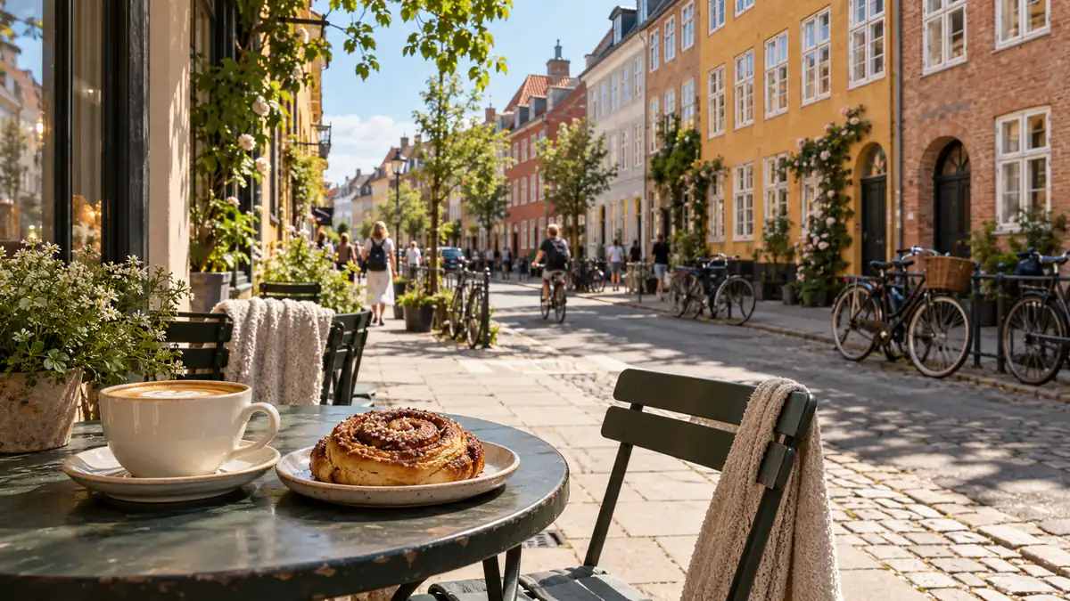 Copenhagen Food: What to Eat and When Danes Eat It 2 Coffee and a cinnamon pastry on a sidewalk cafe table beside a colorful Copenhagen-inspired street