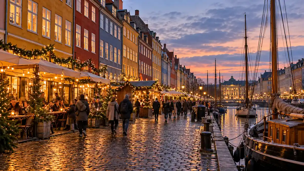 Copenhagen in Winter: Christmas Lights or the Quiet Deep Season? 2 Warm Christmas lights, colorful waterfront buildings and winter visitors beside the Nyhavn canal at dusk.
