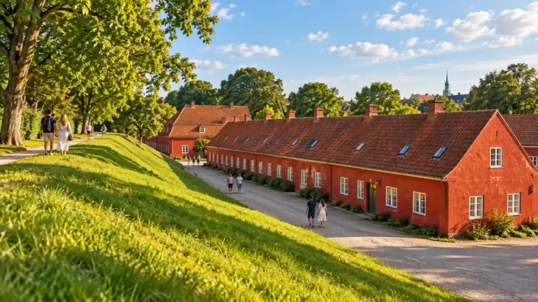 Red barracks with white-trimmed windows beside green ramparts and a walking path at Kastellet