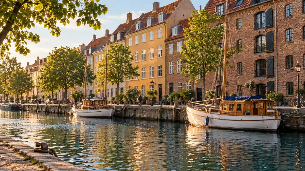 Moored boats and historic brick buildings reflected in a quiet Copenhagen canal