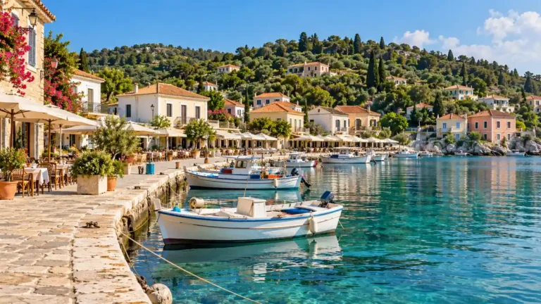 Small white boats beside a stone quay, waterfront cafes and green hills in Kassiopi, Corfu.