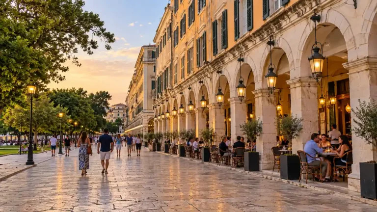 People strolling beside the illuminated stone arches and cafe tables of the Liston in Corfu Town.