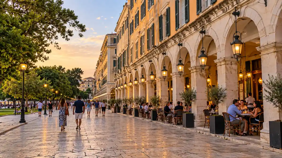 People strolling beside the illuminated stone arches and cafe tables of the Liston in Corfu Town.