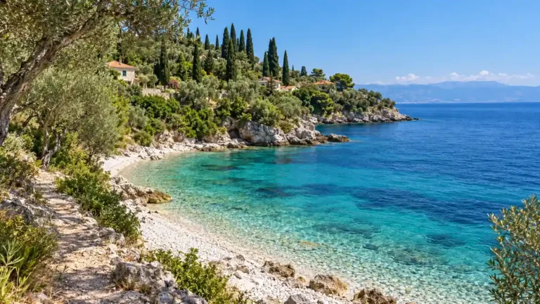 Clear turquoise water meets a white pebble cove beneath olive-covered slopes on northeast Corfu.