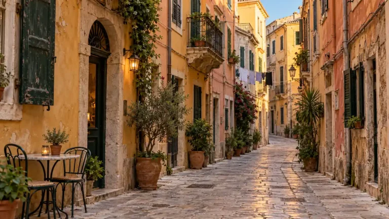Warm light falls on pastel buildings, shutters and stone paving in a narrow Corfu Old Town lane.