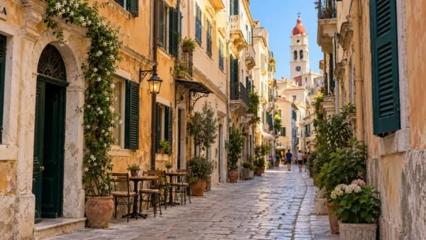 Ochre facades and green shutters along a stone-paved Corfu Old Town lane, with a red-capped bell tower beyond.