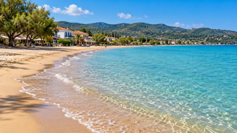 Where to Stay in Corfu for Families: Best Areas by Kids' Age 9 Clear water washing onto a sandy shore at Roda, Corfu, beside shaded low-rise seafront buildings.