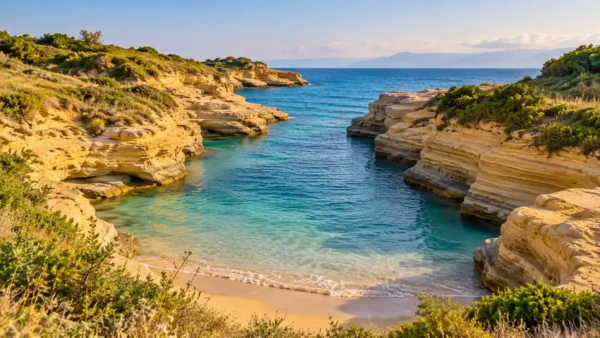 A blue-green inlet and small sandy beach between low layered sandstone formations near Sidari, Corfu.