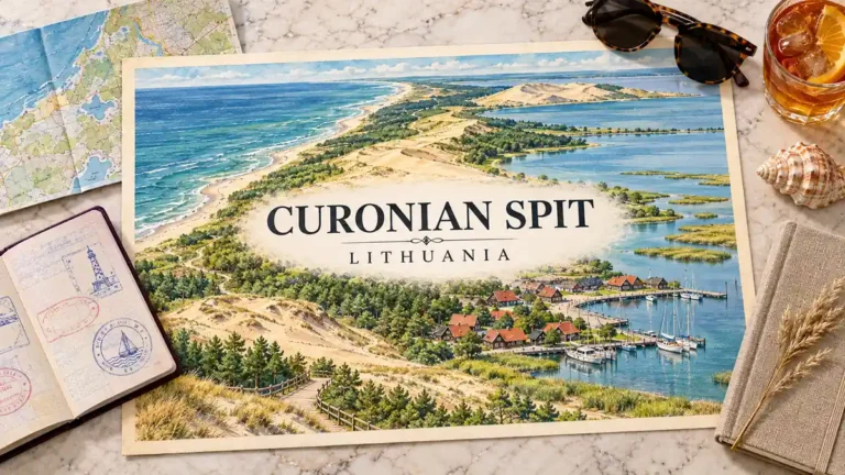 Watercolor Curonian Spit illustration showing golden dunes, pine forest, Baltic water and Nida's lagoon-side houses, framed by a passport and coastal travel objects.