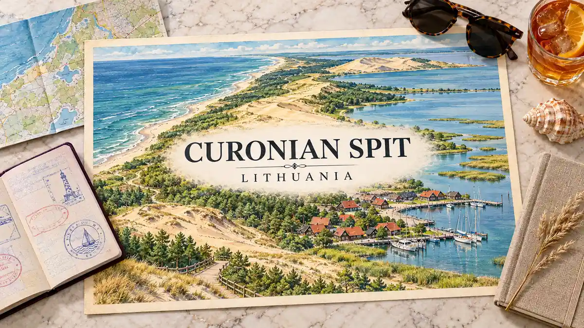 Watercolor Curonian Spit illustration showing golden dunes, pine forest, Baltic water and Nida's lagoon-side houses, framed by a passport and coastal travel objects.