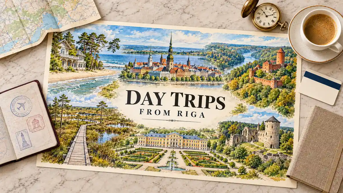 Day Trips from Riga: Which Ones Work Without a Car 2 Latvia excursion illustration with Riga spires, seaside villas, castles, a bog boardwalk and palace gardens beside travel-planning accessories.