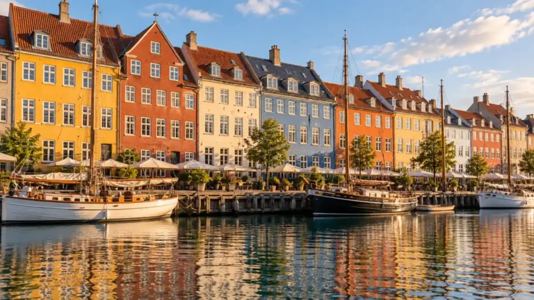 Home 20 Illustration of colourful Copenhagen-style waterfront houses and moored sailing boats reflected in a canal in warm sunlight.