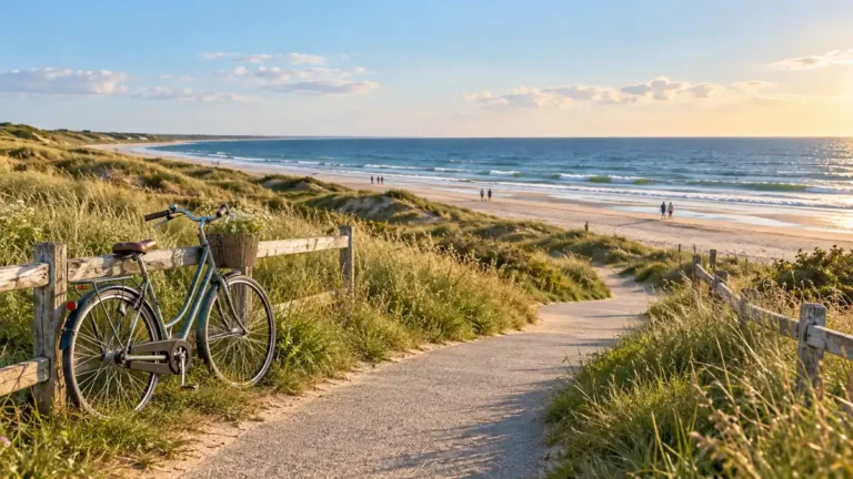 Bicycle beside a dune-side path leading toward a sandy Danish coast and calm blue sea