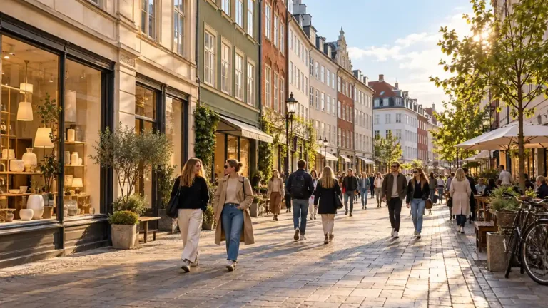 Pedestrians strolling past historic facades and understated shop windows on a Copenhagen-inspired street