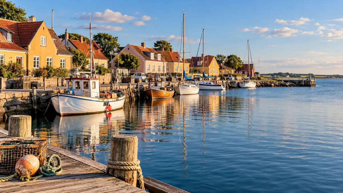 Small boats moored beside colorful low houses with red roofs in a Danish coastal harbour
